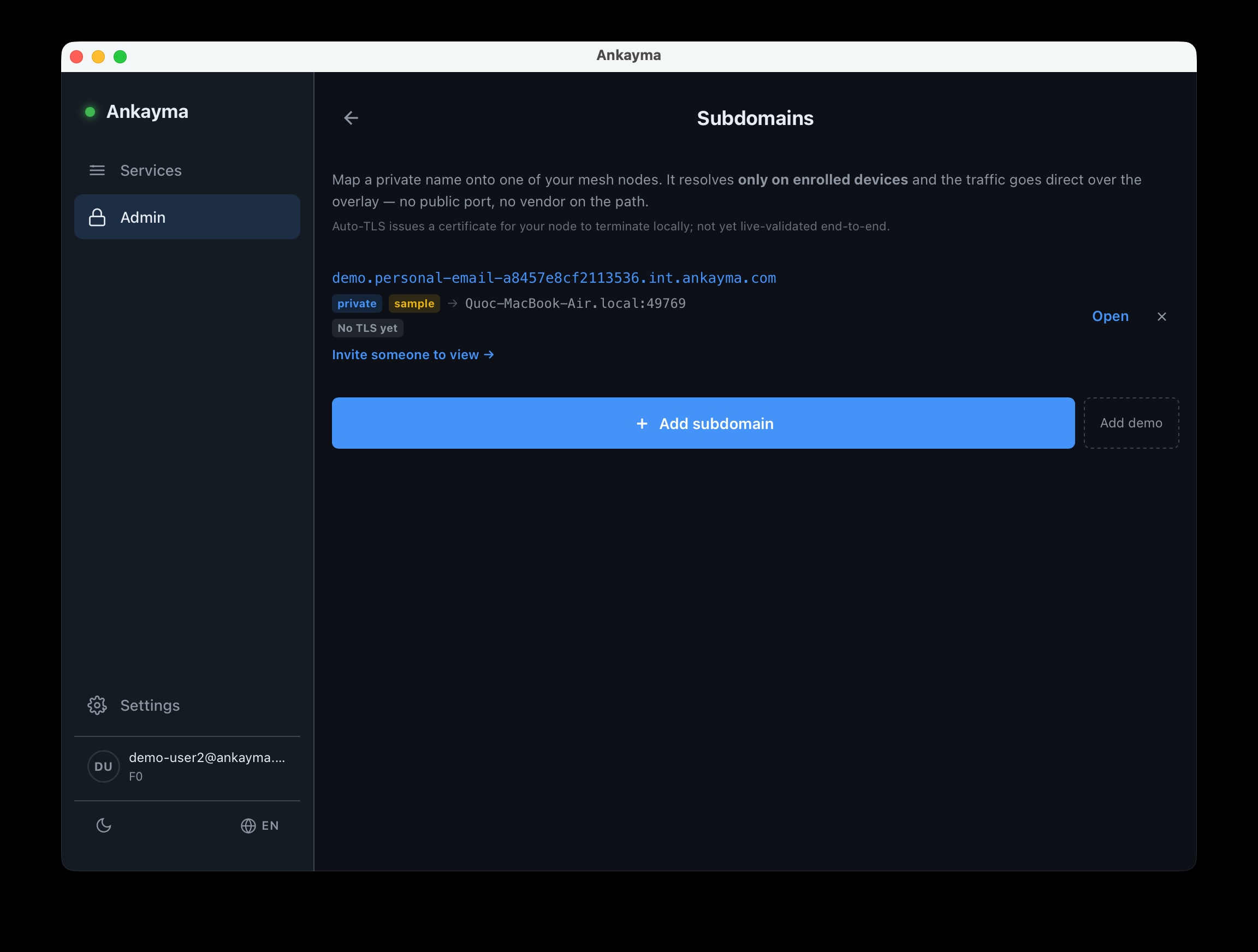 Ankayma Subdomains — sample demo private name on your Mac, Invite someone to view