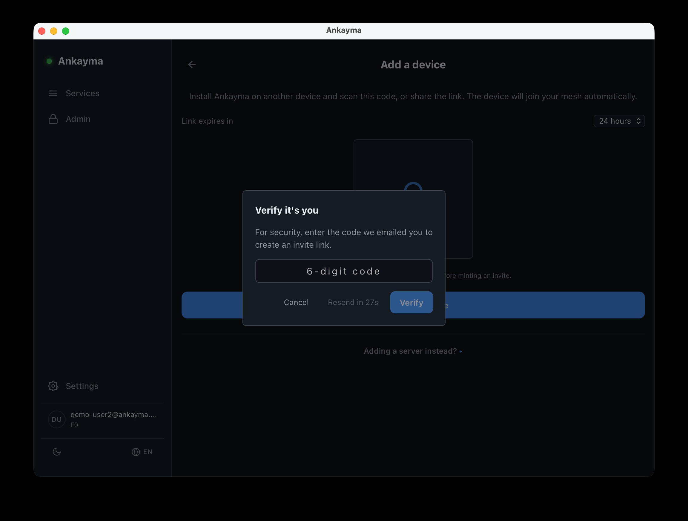 Ankayma Add a device — Verify it's you modal asking for the 6-digit email code before minting an invite