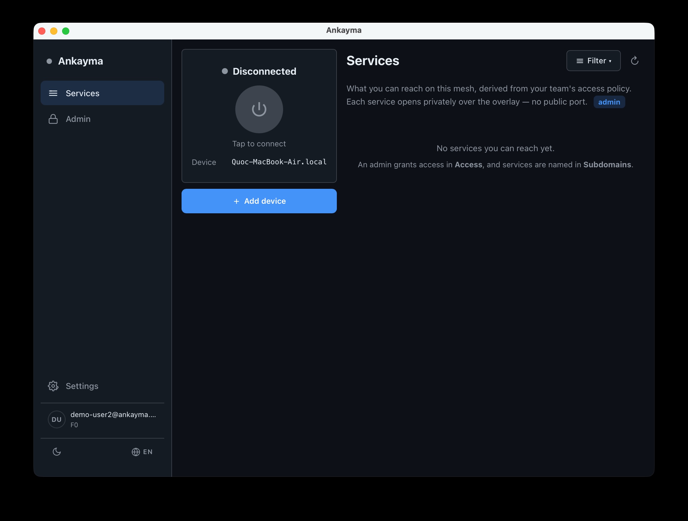 Ankayma desktop app — Services after sign-in, ready to Connect